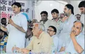  ?? HT PHOTO ?? Former chief minister Bhupinder Singh Hooda at a traders’ conference in Karnal on Sunday.