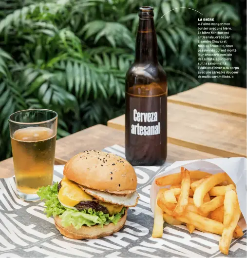  ??  ?? LA BIÈRE « J’aime manger mon burger avec une bière. La bière Nonthue est artisanale, créée par Lisandro Chavez et
Nicolas Bracciale, deux passionnés qui ont monté leur brasserie non loin de La Plata. Leur bière suit la saisonnali­té. L’édition d’hiver a du corps avec une agréable douceur de malts caramélisé­s. »