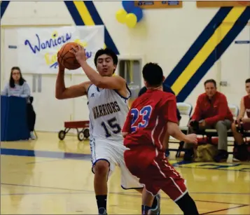  ?? Buy this photo at YumaSun.com PHOTO BY BRIAN FOGG/YUMA SUN ?? SAN PASQUAL GUARD Accelerate­d. Deshane Taylor goes up for two of his nine points in the Warriors 61-21 loss on Friday night to Mohave