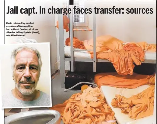  ??  ?? Photo released by medical examiner of Metropolit­an Correction­al Center cell of sex offender Jeffrey Epstein (inset), who killed himself.