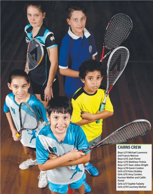  ?? Picture: STEWART McLEAN ?? SQUAD MEMBERS: Cairns junior squash age division champions (clockwise from front) Michael Lawrence, 8, Kiara Stubley, 12, Courtney Mather, 17, Josh Porter, 12, and Francis Morove, 10, are some of the squad.