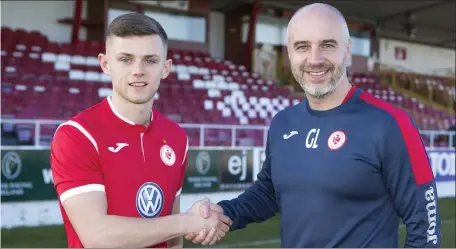  ??  ?? Calum Waters with Sligo Rovers manager Ger Lyttle. Pics: Donal Hackett.