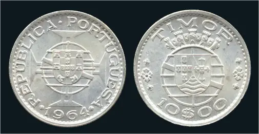  ?? ?? Last silver coin of colonial Timor, a 10 escudos dated 1964. (Actual diameter 25mm)