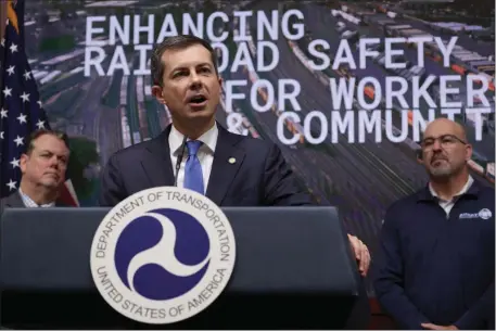  ?? ALEX WONG — GETTY IMAGES ?? U.S. Transporta­tion Secretary Pete Buttigieg speaks during an announceme­nt at the Department of Transporta­tion last week 2024 in Washington, DC.