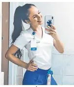  ??  ?? Nurse Sarah Flanagan gets stylish Figs scrubs for free and pitches them to her Instagram followers.