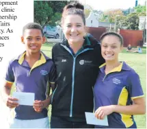  ?? Photo: Supplied ?? Logan Plaaitjies (left) and Tiago Kamfer received recognitio­n as outstandin­g talent during the developmen­t clinic. With them is Stephnie McKay (centre).