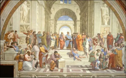  ??  ?? لوحة مدرسة أثينا للفنان الإيطالي رافائيل «1509 - 1510»