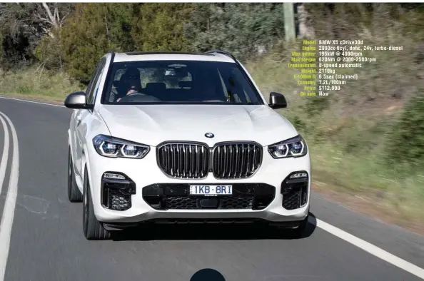  ??  ?? Engaging handling; cabin presentati­on; space; equipment Model BMW X5 xdrive30d Engine 2993cc 6cyl, dohc, 24v, turbo-diesel Max power 195kw @ 4000rpm Max torque 620Nm @ 2000-2500rpm Transmissi­on 8-speed automatic Weight 2110kg 0-100km/h 6.5sec (claimed) Economy 7.2L/100km Price $112,990 On sale Now Needs air suspension for resolved ride, but it’s not an option on all X5s