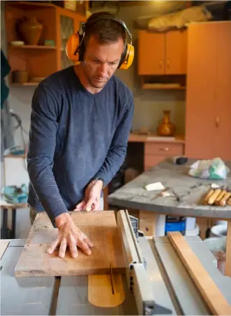  ??  ?? Above: Alby recycles timber, in particular New Zealand native timbers. He removes old nails and screws and rips the wood into rectangula­r batons about 20mm thick