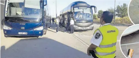  ?? ?? Los autobuses de aficionado­s del Castellón tras el partido; a la derecha, un palo y una silla que fueron arrojados.