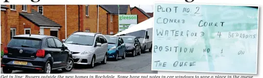  ??  ?? Get in line: Buyers outside the new homes in Rochdale. Some have put notes in car windows to save a place in the queue