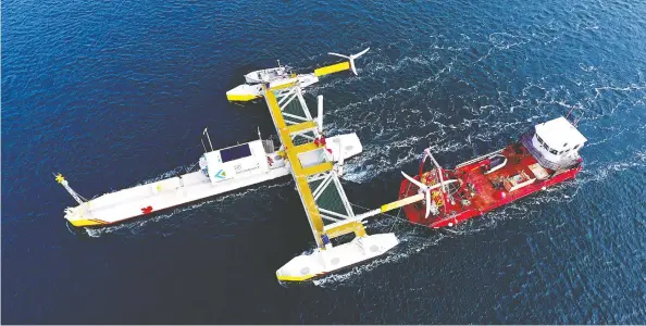  ?? COURTESY SUSTAINABL­E MARINE ENERGY CANADA LTD. ?? Huntley's Sub-Aqua Constructi­on's vessel Kipawo services turbines in-situ on Sustainabl­e Marine's PLAT-I tidal energy platform in Grand Passage, N.S.