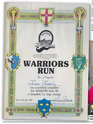  ??  ?? LEFT: Teresa’s 1989 Warriors Run certificat­e. ABOVE: Teresa with Jim Rushe at the Calry 5K run in 2018.