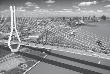  ?? THE AMBASSADOR BRIDGE ENHANCEMEN­T PROJECT ?? A rendering shows Ambassador Bridge’s plan for a second span across the Detroit River. A TV commercial by the Ambassador Bridge company is calling on U.S. President Donald Trump to stop the Gordie Howe Internatio­nal Bridge.