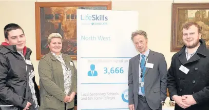  ??  ?? MP John Pugh, second right, meets staff and pupils from Presfields High School and Specialist College: Taylor Chicano Catherall, left, Miss Jenna McKenna, and Philip Rigby