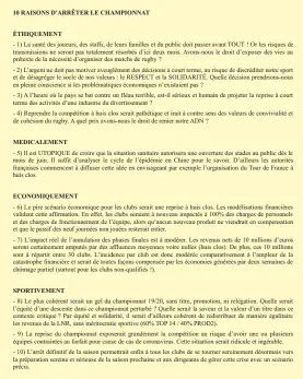  ??  ?? Voici le courriel envoyé par le Directeur général du Stade rochelais, Pierre Venayre, à l’ensemble des présidents de clubs. Une communicat­ion confidenti­elle mais qui n’a pas plu à tout le monde. Le Racing a notamment repris le courriel en opposant à chacun des arguments rochelais des réponses. Certaines cinglantes.