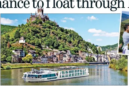  ??  ?? LAND OF LEGENDS: A ship passes the Burg Rheinstein castle on the Rhine. Inset: Wine-tasting above the Douro