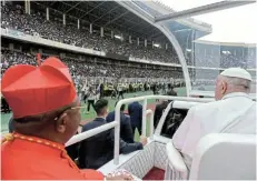  ?? Picture: VATICAN MEDIA VIA REUTERS ?? POWERFUL MESSAGE: Pope Francis visits the Stade des Martyrs stadium to address young people during his apostolic journey, in Kinshasa, Democratic Republic of the Congo, yesterday