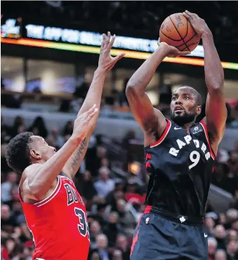  ?? KAMIL KRZACZYNSK­I/THE ASSOCIATED PRESS ?? Serge Ibaka has scored 10 or more points in 15 straight games heading into a clash Tuesday with Orlando, his former team, as a move to centre is paying dividends for the Raptor.