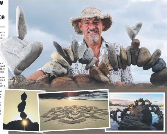  ?? Picture: STEVE HOLLAND ?? Peter Dinham wasn't able to relax so he started playing around with rocks and drawing in the sand as part of his process to unwind.