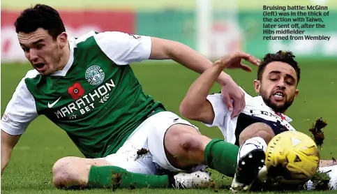  ??  ?? Bruising battle: McGinn (left) was in the thick of the action with Taiwo, later sent off, after the Hibs midfielder returned from Wembley