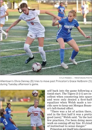  ?? KYLE FRANKO — TRENTONIAN PHOTO ?? Allentown’s Olivia Denney (6) tries to move past Princeton’s Grace Heilbronn (5) during Tuesday afternoon’s game.