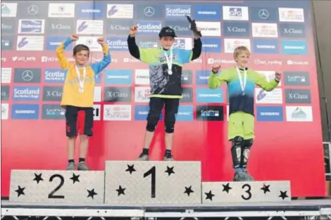  ?? Photograph: Kim Ferguson. ?? West Highland Wheelers rider Archie Ferguson (left) took second-place in the under-12s mini-downhill competitio­n last weekend, with Oliver Meillam (centre) in first and Creag Muir in third.