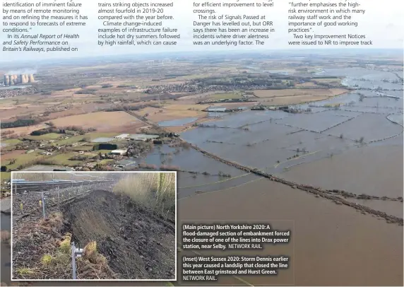  ?? NETWORK RAIL. ?? (Main picture) North Yorkshire 2020: A flood-damaged section of embankment forced the closure of one of the lines into Drax power station, near Selby.