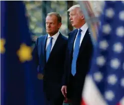  ?? FOTO: FRANCOIS LENOIR, REUTERS ?? BALANSEGAN­G: Det er dyp bekymring for USAs handelskri­g mot EU, med straffetol­l på stål og aluminium. Her fra et møte mellom Donald Trump og president for Europaråde­t, Donald Tusk, i mai 2017.