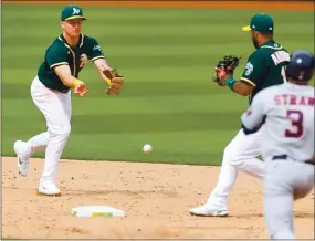  ?? RANDY VAZQUEZ — STAFF PHOTOGRAPH­ER ?? A’s third baseman Matt Chapman, left, tries to get the ball to shortstop Elvis Andrus during the sixth inning of Sunday afternoon’s game against the Houston Astros.