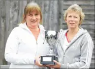  ?? FM4704867 ?? Ladies’ over-40 doubles champions Jo Moore and Anne Gibbs