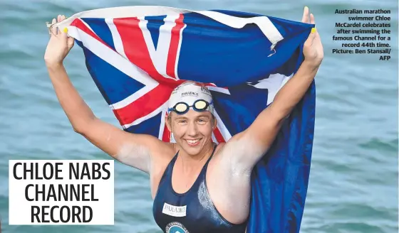  ?? Picture: Ben Stansall/ AFP ?? Australian marathon swimmer Chloe Mccardel celebrates after swimming the famous Channel for a record 44th time.