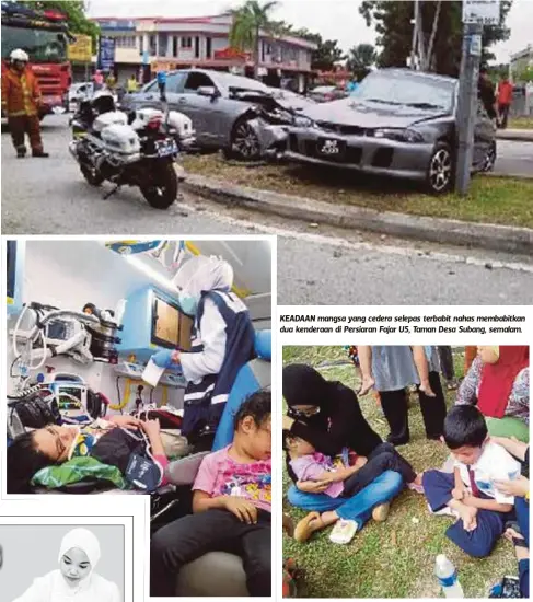  ??  ?? KEADAAN mangsa yang cedera selepas terbabit nahas membabitka­n dua kenderaan di Persiaran Fajar U5, Taman Desa Subang, semalam.