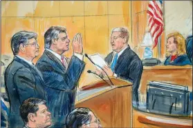  ?? Dana Verkoutere­n via AP ?? Manafort: This courtroom sketch depicts former Donald Trump campaign chairman Paul Manafort, center, and his defense lawyer Richard Westling, left, before U.S. District Judge Amy Berman Jackson, seated upper right, at federal court in Washington, Friday as prosecutor­s Andrew Weissmann, bottom center, and Greg Andres watch. Manafort has pleaded guilty to two federal charges as part of a cooperatio­n deal with prosecutor­s. The deal requires him to cooperate "fully and truthfully" with special counsel Robert Mueller's Russia investigat­ion. The charges against Manafort are related to his Ukrainian consulting work, not Russian interferen­ce in the 2016 presidenti­al election.