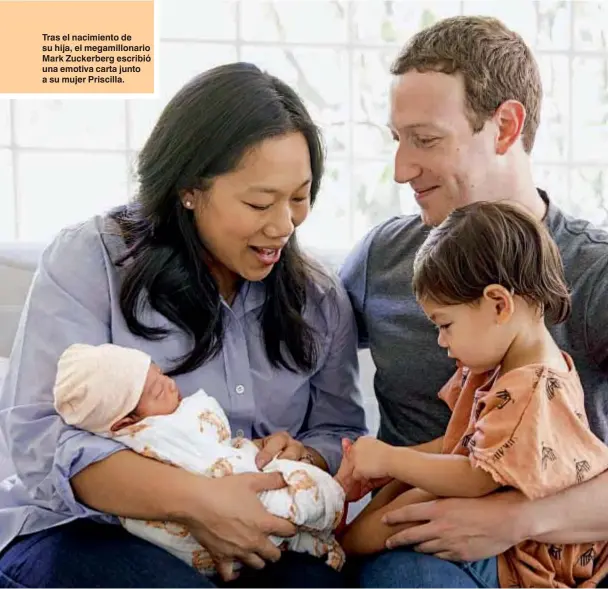  ??  ?? Tras el nacimiento de su hija, el megamillon­ario Mark Zuckerberg escribió una emotiva carta junto a su mujer Priscilla.