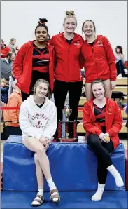  ?? PILOT PHOTO/RUDY MARQUEZ ?? Plymouth’s Red team placed first with a score of 103.55. Front row, from left: Piper Frank, Jersey Hunter; back row, from left: Kasi Harner, Tessa Hutchinson, Arielle Ferman.