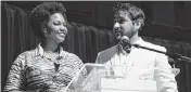  ?? ALBERTO E. TAMARGO 41st Miami Film Festival/Miami Dade College ?? Monica Sorelle and Robert Colom speak during the award ceremony and ‘Ezra’ closing night screening during at Adrienne Arsht Center on April 13.