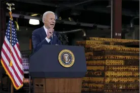  ?? EVAN VUCCI — THE ASSOCIATED PRESS ?? President Joe Biden delivers a speech on infrastruc­ture spending at Carpenters Pittsburgh Training Center, Wednesday, in Pittsburgh.