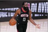  ?? THE ASSOCIATED PRESS FILE ?? In this Sept. 12, 2020photo, Houston Rockets’ James Harden (13) argues a call during an NBA conference semifinal playoff basketball game against the Los Angeles Lakers in Lake Buena Vista, Fla. Harden was traded to the Brooklyn Nets Wednesday.