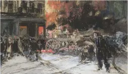 ??  ?? Everett Shinn (1876-1953), Fire on Mott Street, 1902. Pastel, watercolor and ink on paper, 75/8 x 13 in., signed and dated lower left: ‘EVERETT SHINN – 1902’.