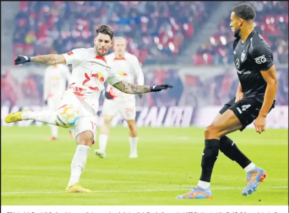  ?? Picture: REUTERS ?? RB Leipzig’s Dominik Szoboszlai scores their second goal during their Bundesliga against VfB Stuttgart at the Red Bull Arena, Leipzig, Germany yesterday.