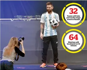  ?? AFP ?? Lionel Messi poses with the official match ball for the 2018 World Cup in Moscow. —