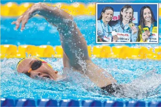  ?? Picture: Getty ?? Lani Pallister on her way to third place in the 1500m final behind Americans Katie Grimes (inset left) and Katie Ledecky (inset middle).