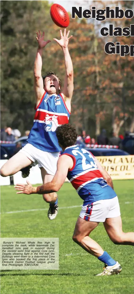  ??  ?? Bunyip’s Michael Whyte flies high to complete the mark, while teammate Zac Vansittart runs past in support during the second semi final against Cora Lynn. Despite showing fight in the first half, the Bulldogs went down to a determined Cora Lynn who...