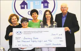  ??  ?? From left, Greater Hartford Associatio­n of Realtors members Liz Banco, Kathie Lickwar and Susan Schenker; Sara Salomons, of Journey Home; and GHAR member Rob Saelens hold a promotiona­l check at the associatio­n’s Simsbury Stroll for Charity.