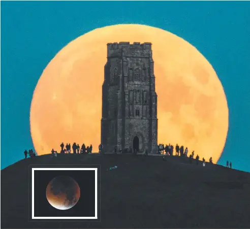  ?? Pictures: GETTY IMAGES, AP ?? EERIE SIGHT: The supermoon rises behind Glastonbur­y Tor in England, and (inset) at the start of the eclipse.