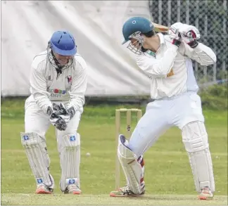  ?? Picture: Chris Davey FM4446857 ?? Mote keeper Alex Fordham watches as Whitstable opener Chris Carter narrowly misses playing-on at The Belmont on Saturday