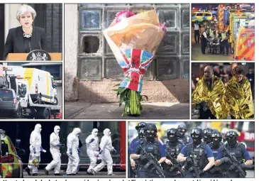  ?? (Photos AFP, MaxPPP/DPA, MaxPPP/London News Pictures et Press Associatio­n Images) ?? « Un acte de mal absolu. Londres ne cédera jamais » : c’est l’inscriptio­n sur ce bouquet déposé hier en hommage aux victimes (au centre). Au milieu à gauche : la camionnett­e ayant servi à commettre l’attaque, en cours d’évacuation par la police.