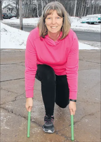  ?? LYNN CURWIN/TRURO NEWS ?? Linda Adey demonstrat­ed one of the moves in POUND. She’s inviting people to take part in a free POUND demonstrat­ion class on Jan. 5.