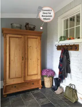  ??  ?? |ABOVE RIGHT| KEEPING DIRT OUT. The mudroom design was clearly not an afterthoug­ht for Carolyn. With four active kids, a mudroom is a necessity as a place to hang outerwear, but Carolyn designed this one to be stylish as well. Beautiful flooring, made with natural slate 12-inch x 24-inch tiles, is a charming and practical element for a mudroom.
|ABOVE LEFT| Pumpkins and custom-made pillows create a stunning display even though they are neutral in color. The variety of
patterns and textures adds interest to the room.